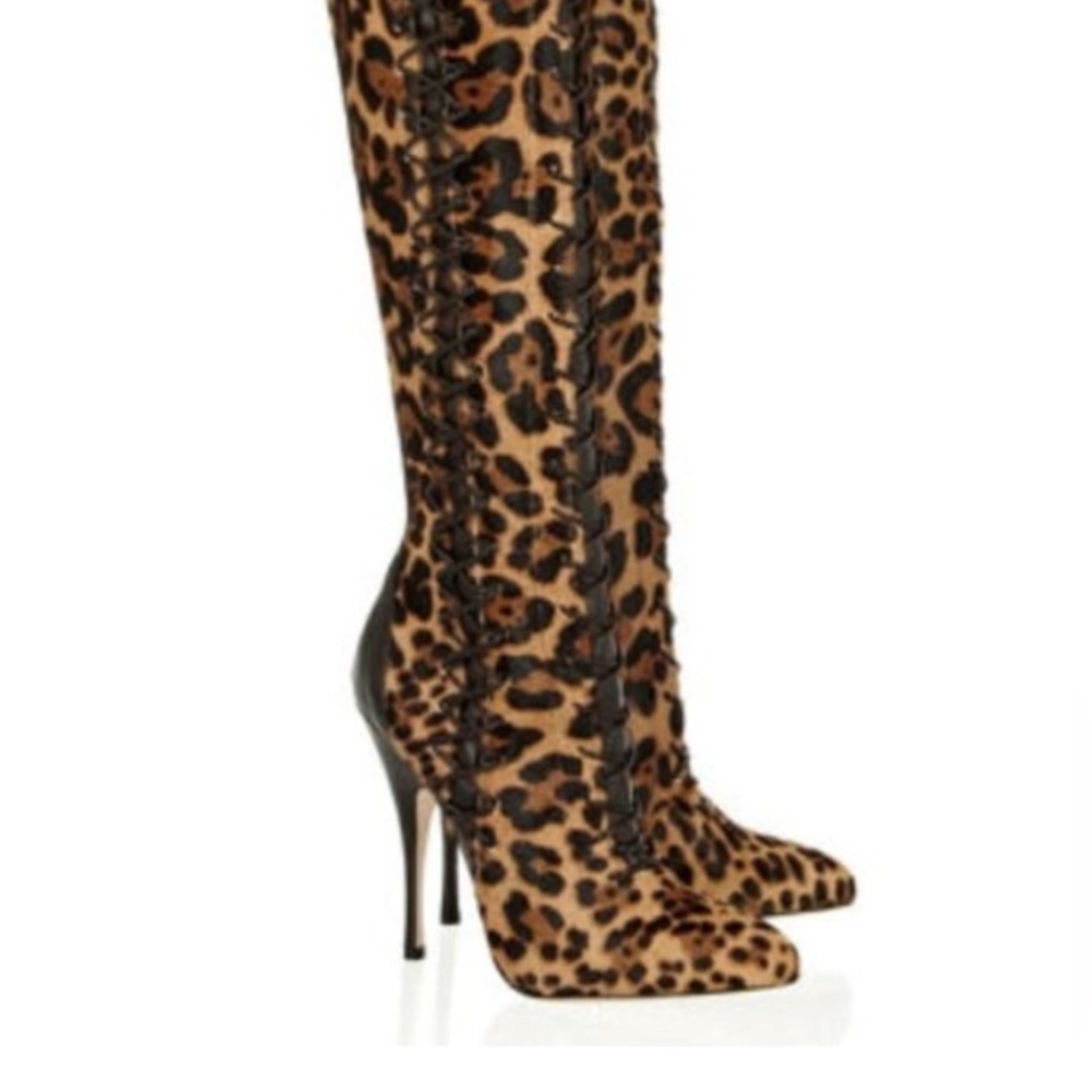 NWOB💫Brian Atwood Belle Cheetah/Leapoard Leather CalfHair LaceUp Thigh HighBoots - Picture 3 of 14